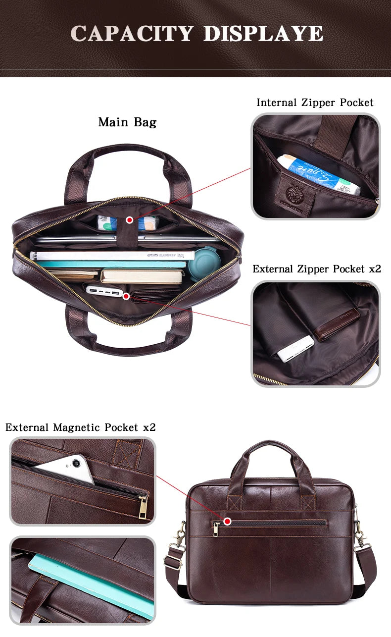 A brown genuine leather briefcase showing various internal and external pockets and compartments.