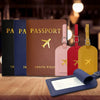 A set of brown and dark blue PU leather passport holders and a navy blue card holder displayed on a wooden surface.
