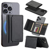 Portefeuille en cuir noir et support magnétique pour smartphone, montré dans différentes configurations.