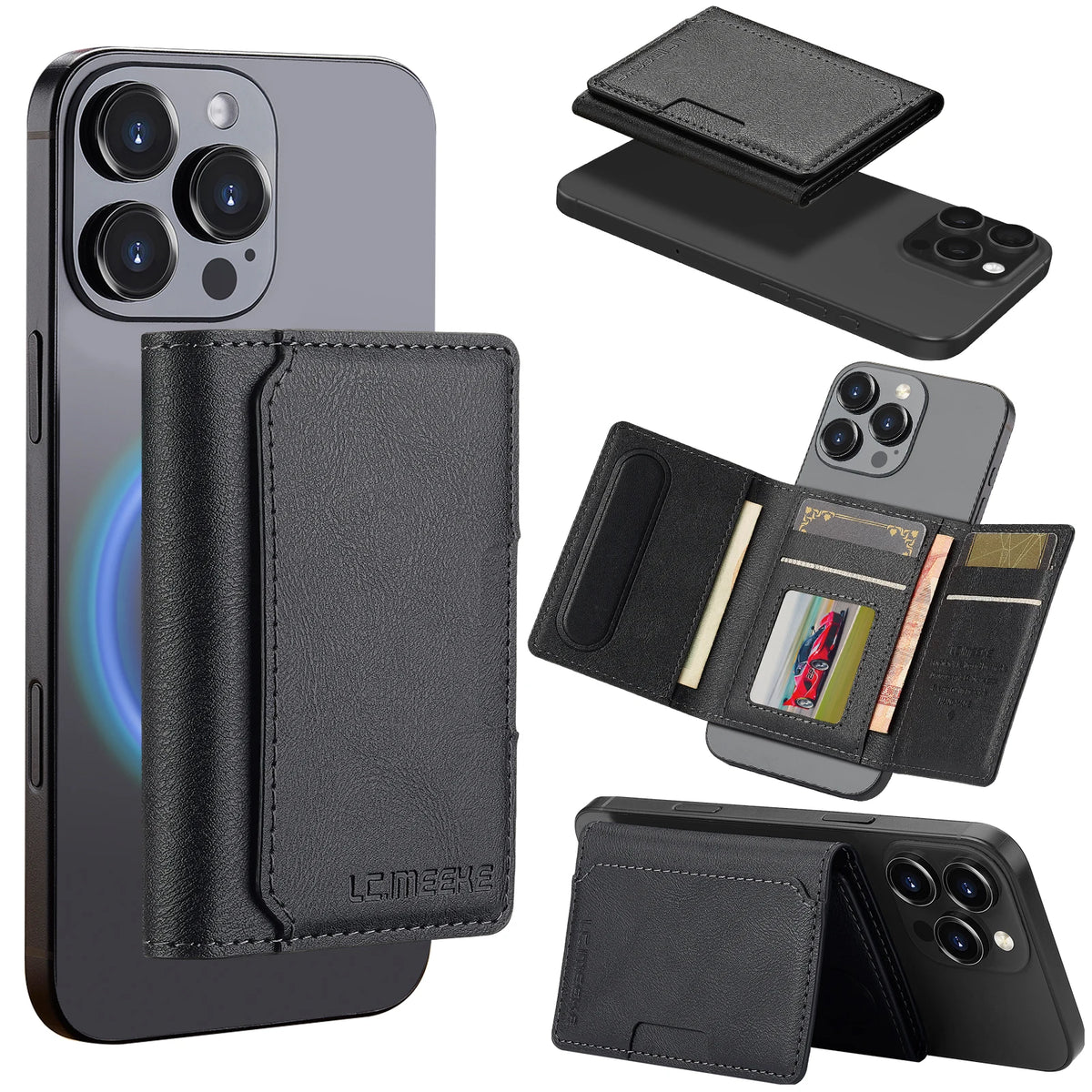 Portefeuille en cuir noir et support magnétique pour smartphone, montré dans différentes configurations.