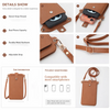 A brown mini PU leather crossbody phone bag shown with details of its secure snap closure, dual capacity, durable metal hardw