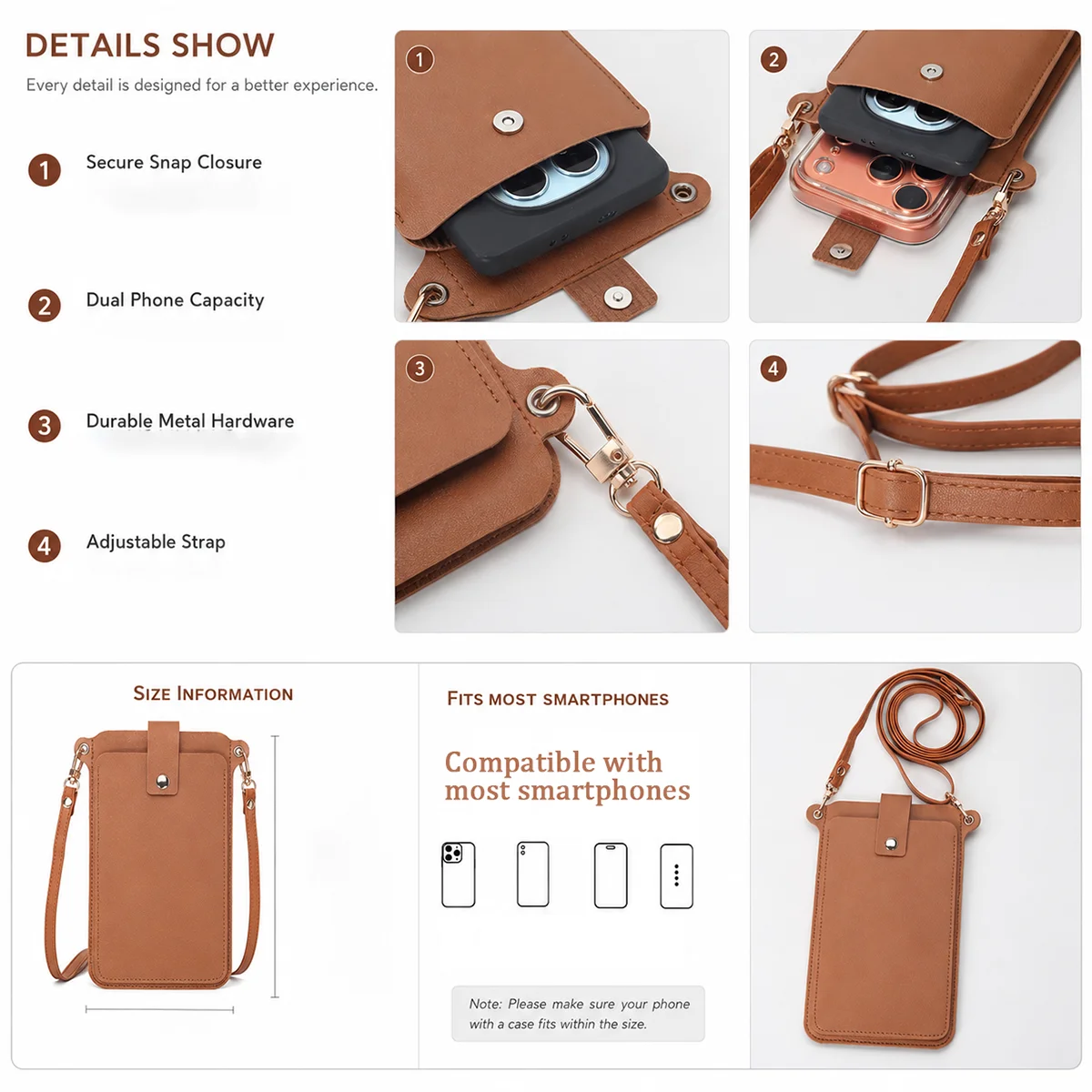 A brown mini PU leather crossbody phone bag shown with details of its secure snap closure, dual capacity, durable metal hardw