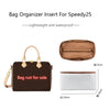 A brown leather bag organizer insert for Speedy25 bags shown alongside a brown pouch and a white insert.