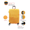 A yellow protective cover for a suitcase or luggage, showing details of the trolley side, handle side, material, and bottom s