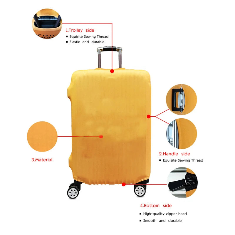 A yellow protective cover for a suitcase or luggage, showing details of the trolley side, handle side, material, and bottom s