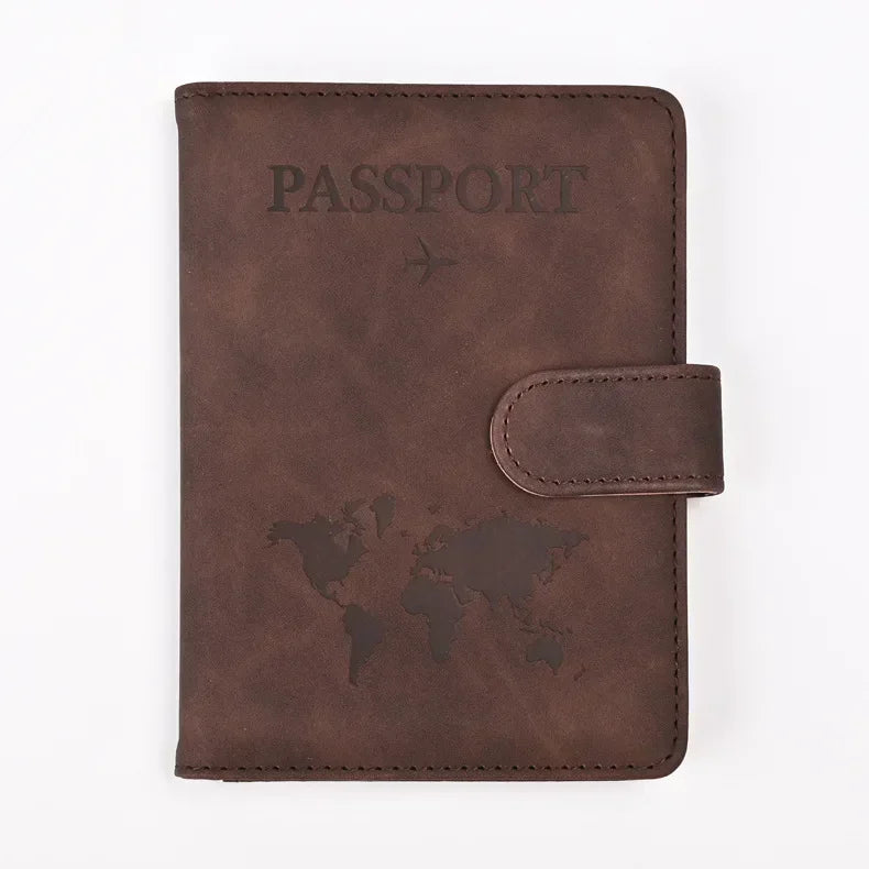 Dunkelbraunes Leder-Reisepass-Wallet mit erhabenem Weltkarten-Design.