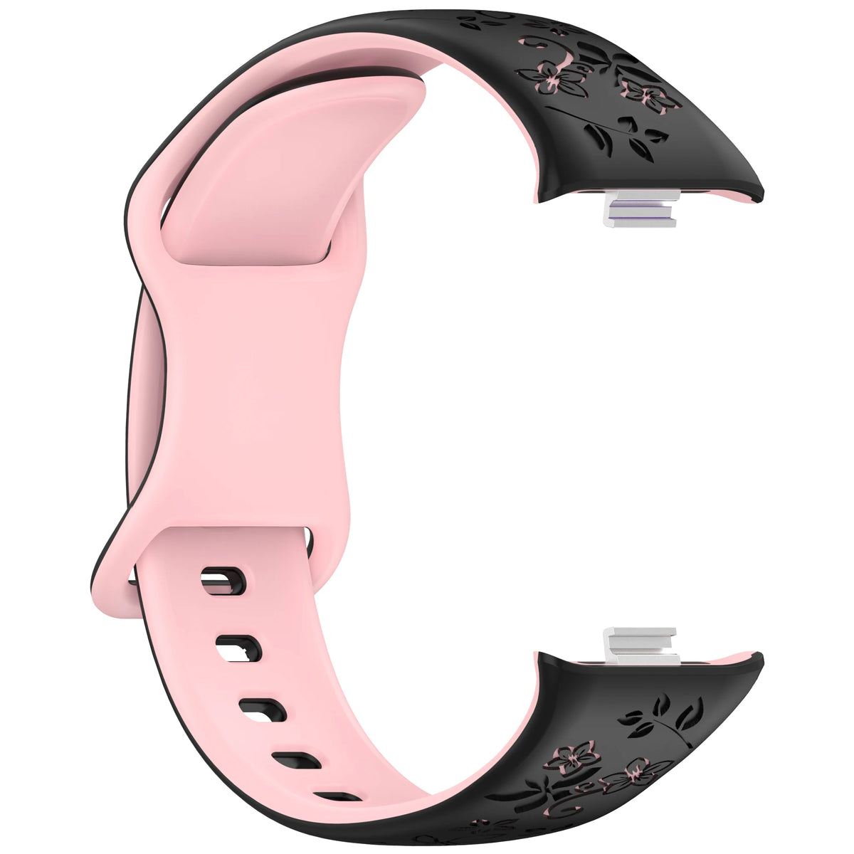 Correa floral rosa y negra de silicona para smartwatch mostrada en una pantalla curva.