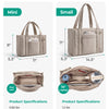 Two sizes of a beige quilted tote bag are shown, including mini and small versions.