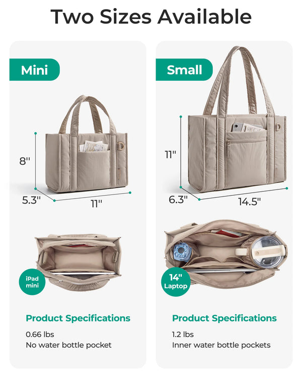 Two sizes of a beige quilted tote bag are shown, including mini and small versions.
