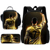 A black backpack featuring a graphic of a soccer player in a gold jersey with the number 7.