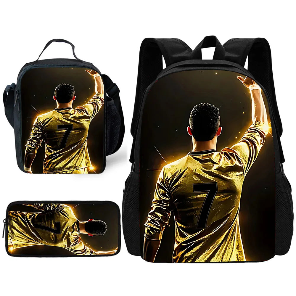 A black backpack featuring a graphic of a soccer player in a gold jersey with the number 7.
