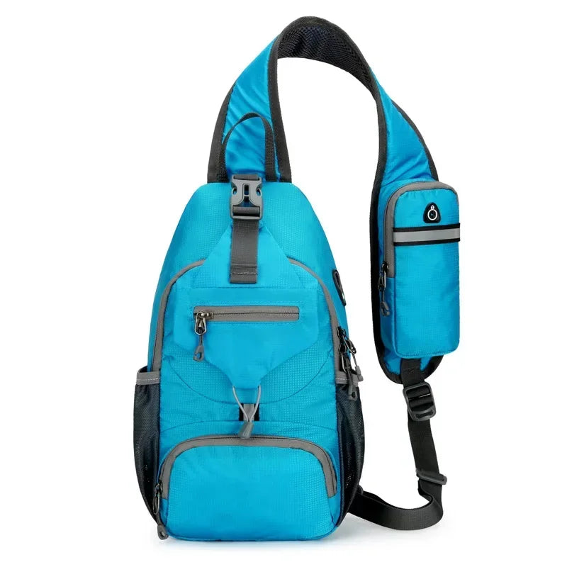 A bright blue nylon chest sling bag with black straps and a gray accent.
