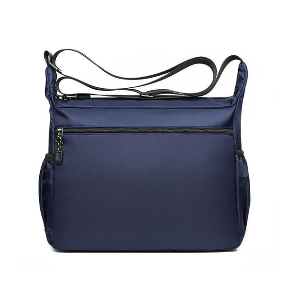 A navy blue men's business crossbody bag with black adjustable straps and a zippered pocket.