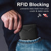 A hand is shown placing a slim black leather card holder into the pocket of blue jeans, illustrating RFID blocking protection
