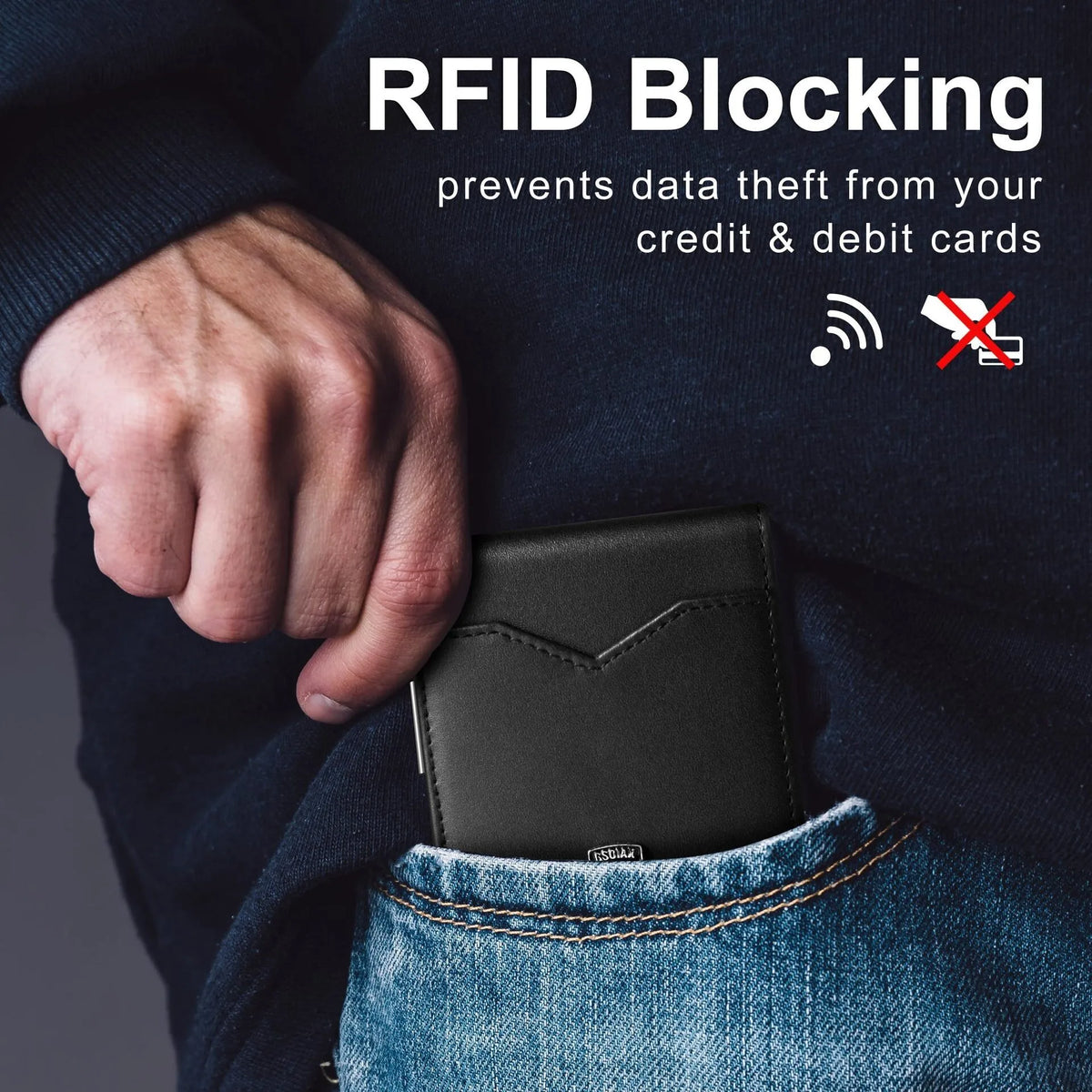 A hand is shown placing a slim black leather card holder into the pocket of blue jeans, illustrating RFID blocking protection