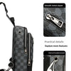Black geometric pattern crossbody bag featuring a smooth metal zipper and an external headphone jack.