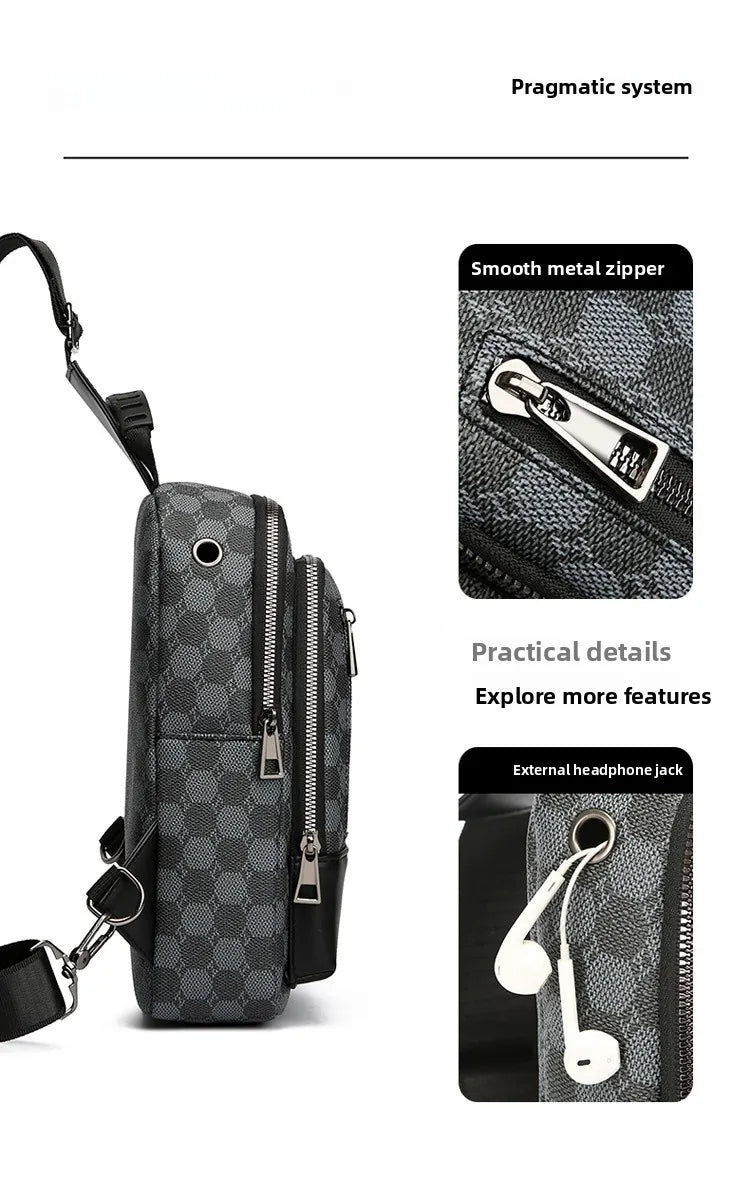 Black geometric pattern crossbody bag featuring a smooth metal zipper and an external headphone jack.