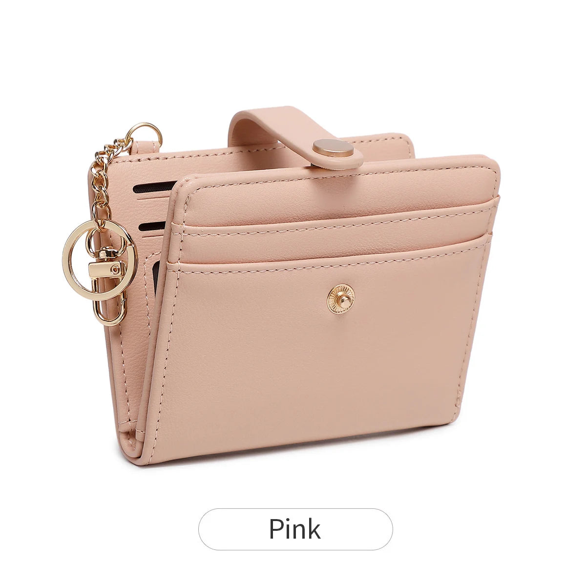 A light pink minimalist wallet with a leather strap and gold chain detail.