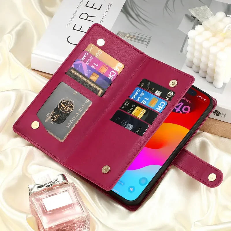 A deep magenta leather crossbody phone case holding several credit cards and a smartphone, set against a white background.