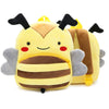 A yellow cartoon bee plush backpack with black antennae and striped body.