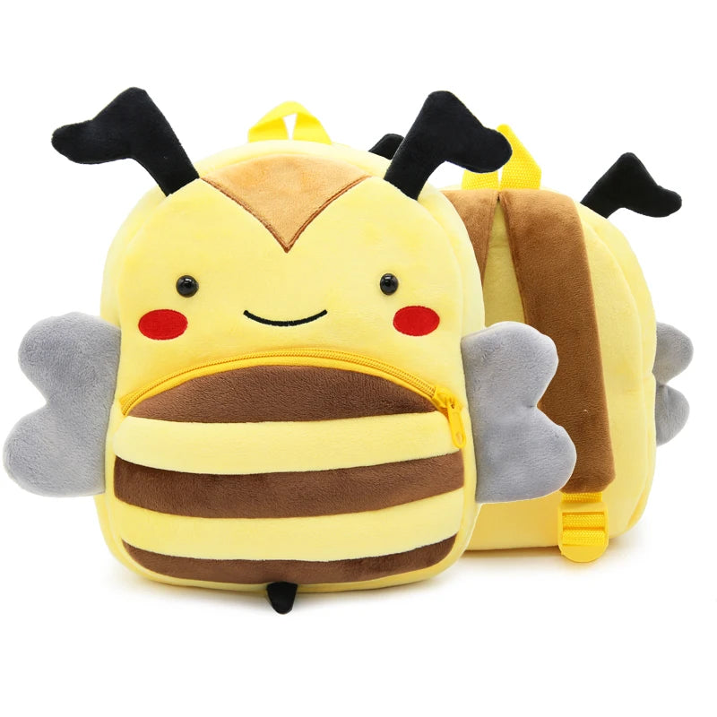 A yellow cartoon bee plush backpack with black antennae and striped body.