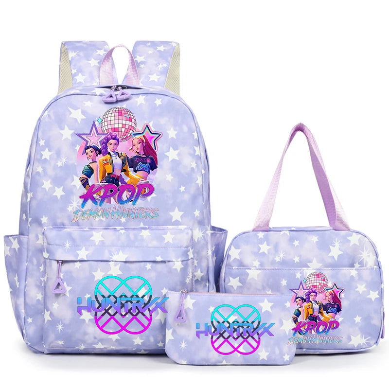 A purple backpack set featuring a main backpack and a matching pouch with a star design.