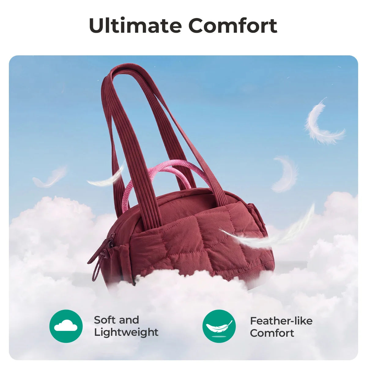 Bolso acolchado de color granate contra un cielo suave y nublado con plumas blancas.