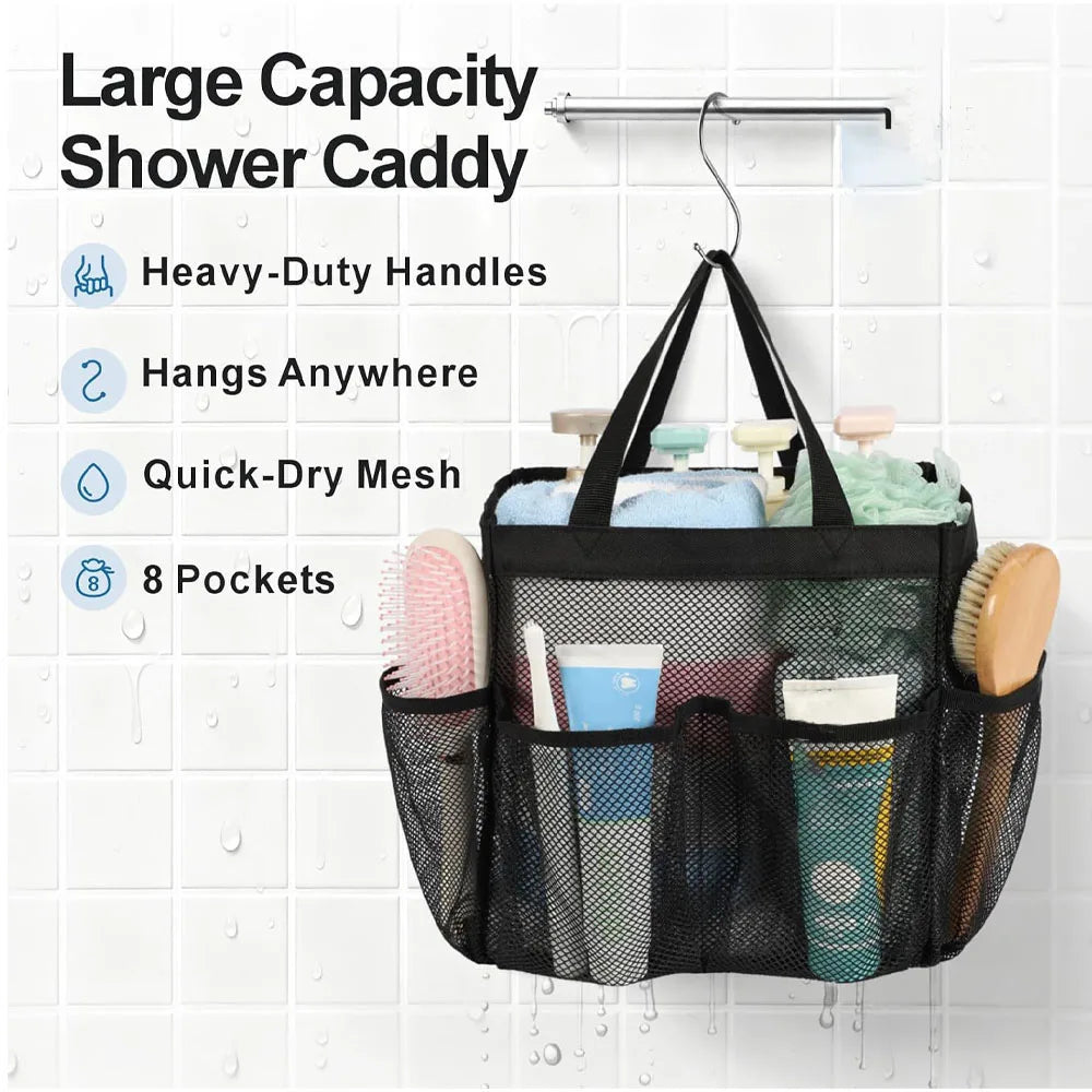 Black portable mesh shower caddy with handles and 8 pockets hanging on a tiled wall.