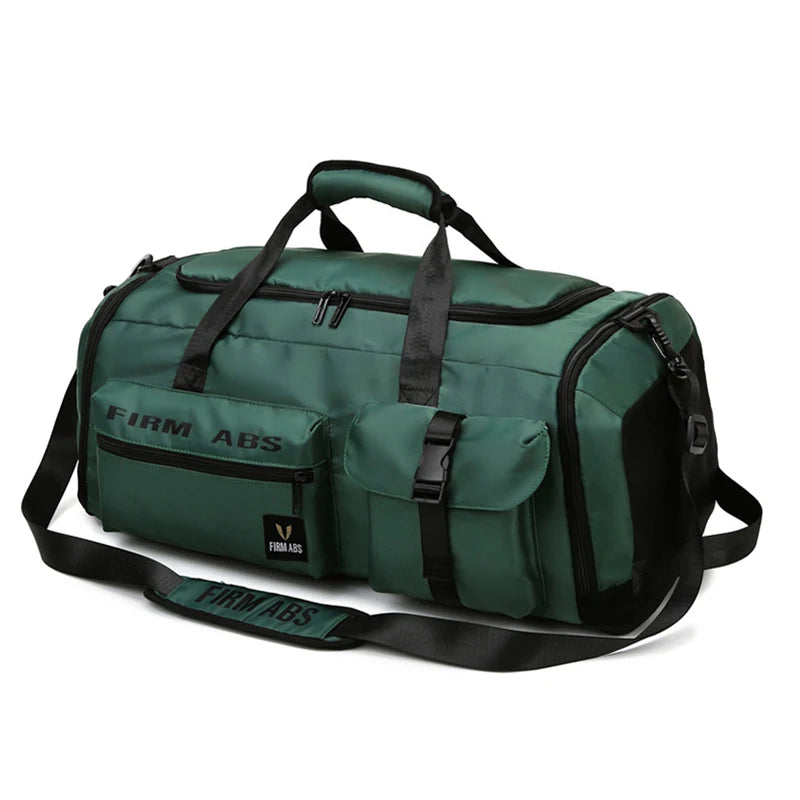 A dark green tactical backpack with black straps and buckles.