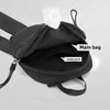 Black Oxford chest bag with an open compartment showing an inside pouch.
