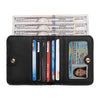 A black compact bi-fold leather wallet holding several credit cards and a driver's license.