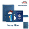 Navy blue elegant passport holder with magnetic item protection and RFID blocking features