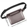 A gray waterproof mobile phone pouch with a black strap is shown from above.