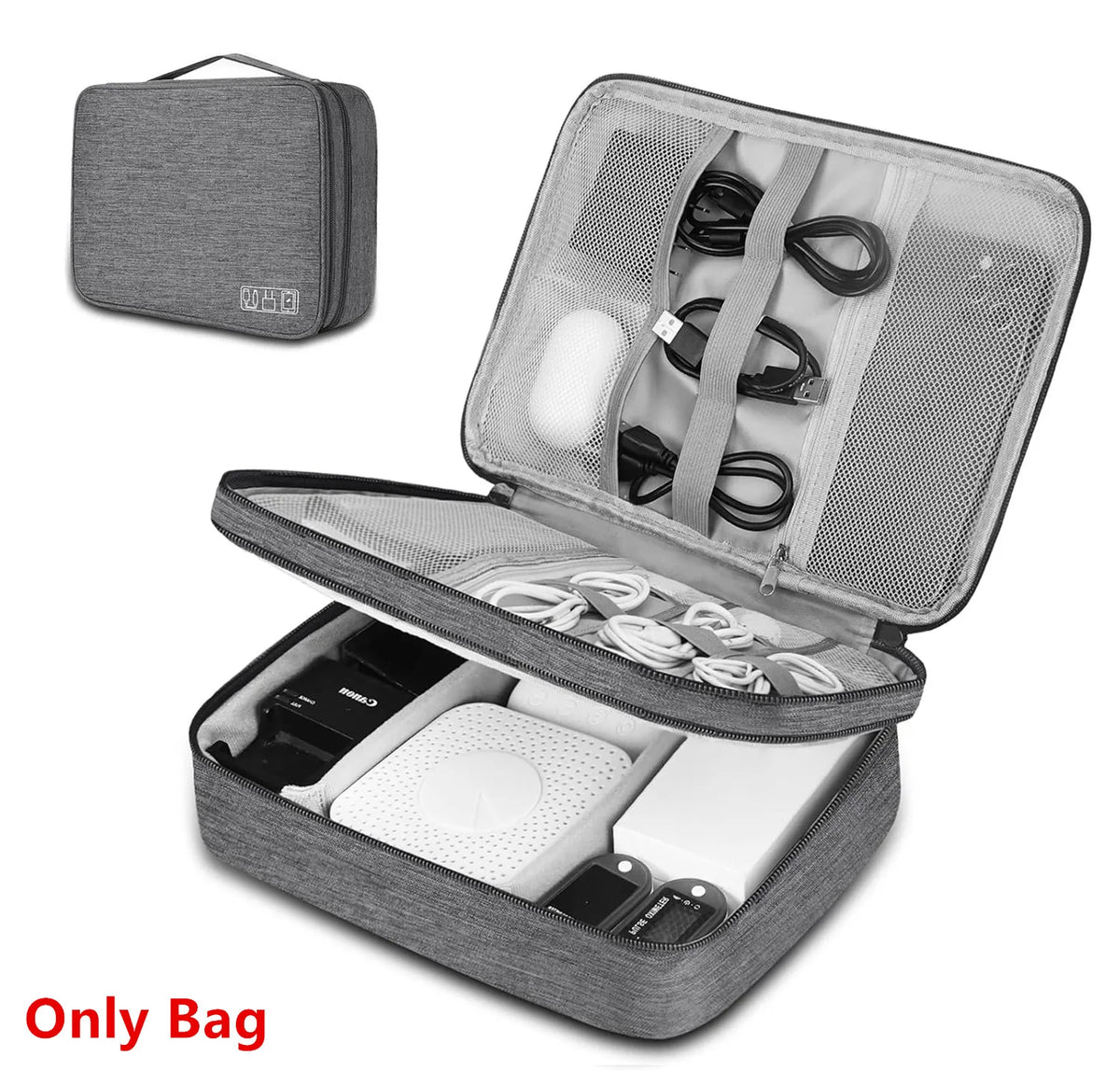 A gray leather cable storage organizer bag with an open lid showing various charging cables and accessories inside.