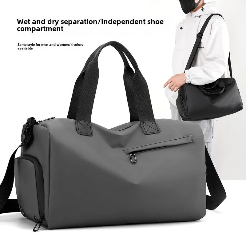A gray travel backpack designed with wet and dry separation features, shown next to a person.
