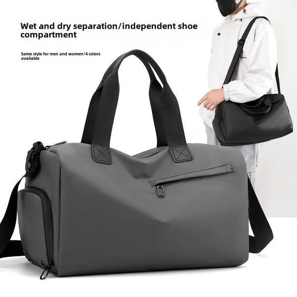 A gray travel backpack designed with wet and dry separation features, shown next to a person.