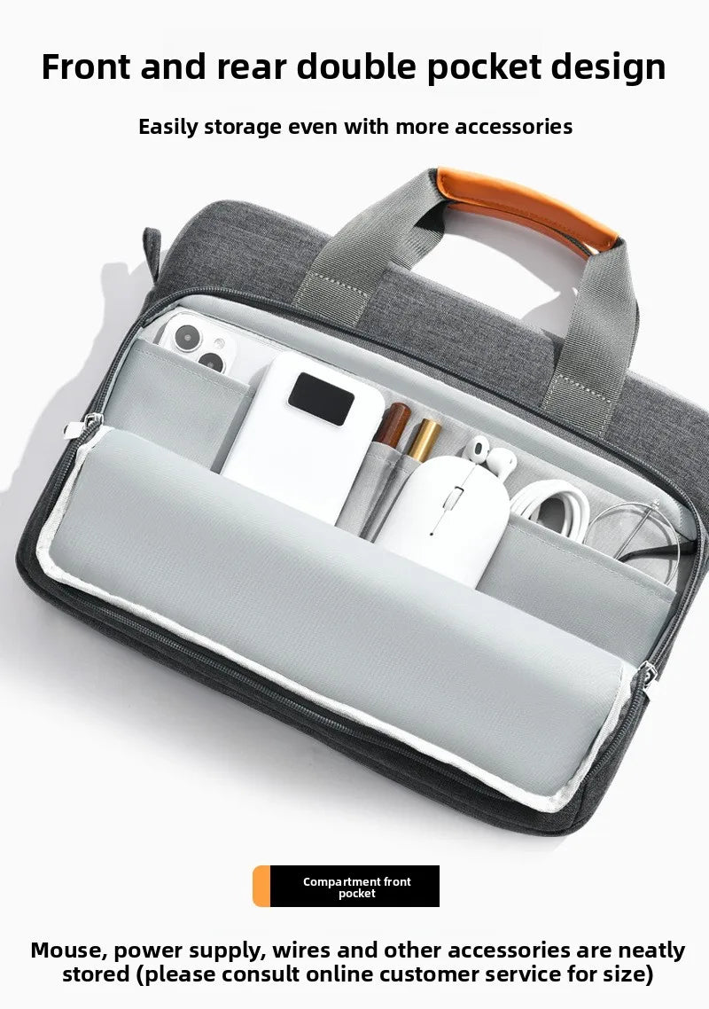 Housse d'ordinateur portable grise avec doubles poches avant et arrière pour accessoires comme une souris, un bloc d'alimenta