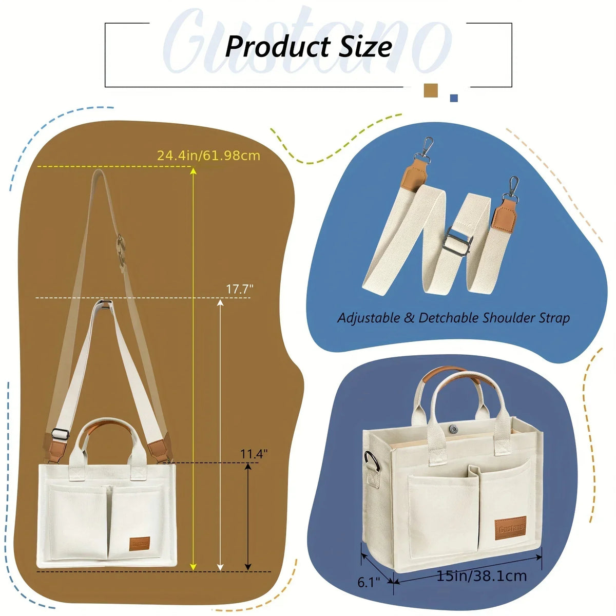 A beige canvas tote handbag with white interior and brown leather accents, shown with adjustable shoulder straps.