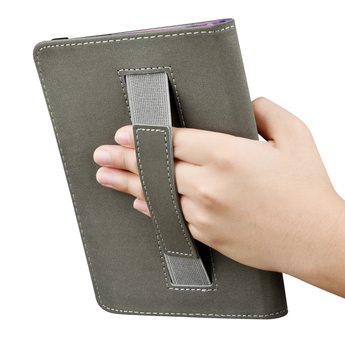 A hand holds a dark olive green universal e-book cover with a protective strap.