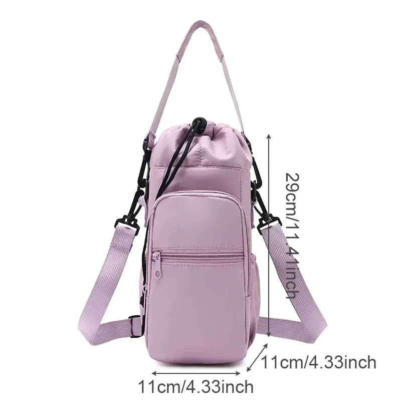 A light purple thermal water bottle bag with adjustable straps and multiple pockets.