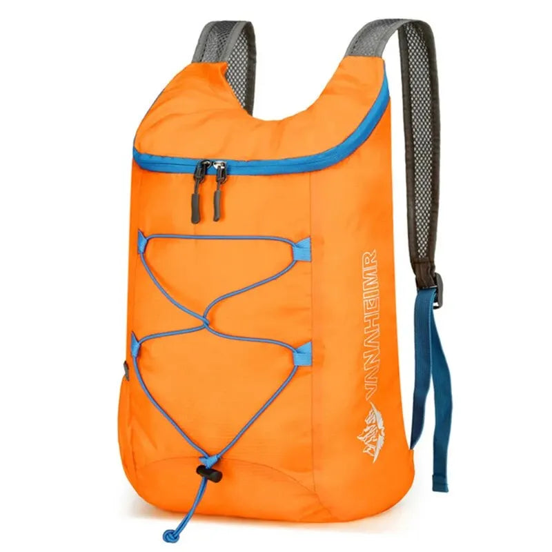 Orange and gray multifunctional outdoor folding backpack with blue accents