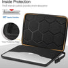 A black laptop sleeve with a textured interior and an orange trim, showing its protective features.