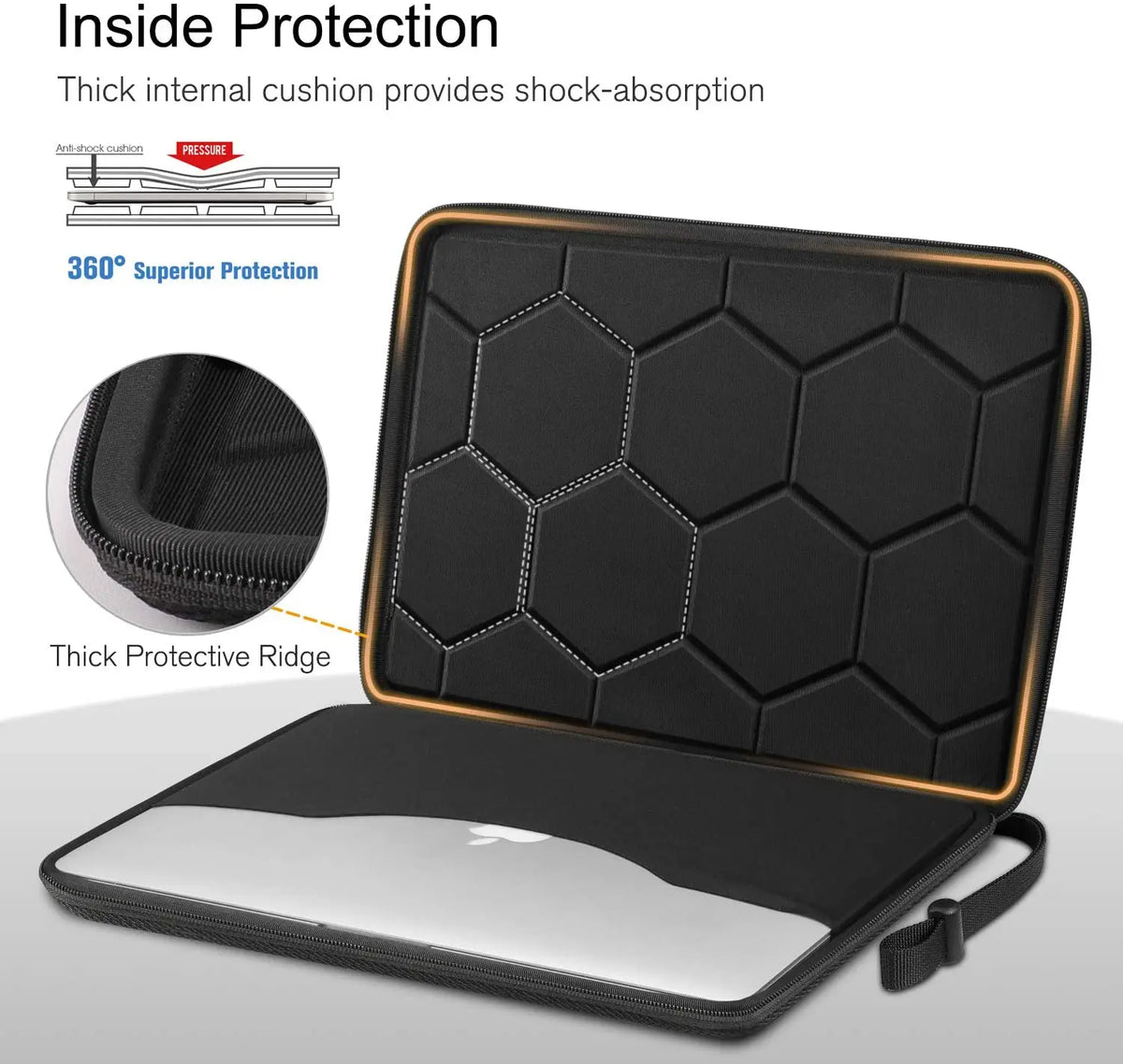 A black laptop sleeve with a textured interior and an orange trim, showing its protective features.