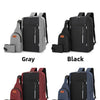A set of four durable nylon travel backpacks in gray, black, red, and blue colors displayed side by side.
