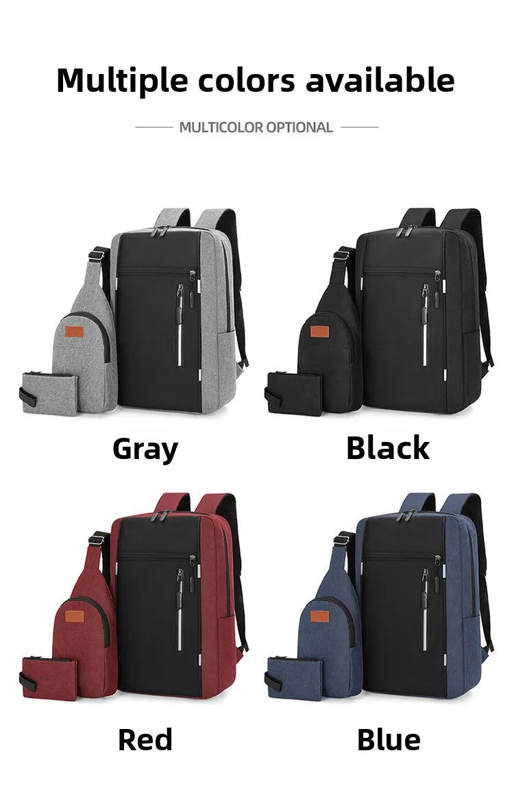 A set of four durable nylon travel backpacks in gray, black, red, and blue colors displayed side by side.