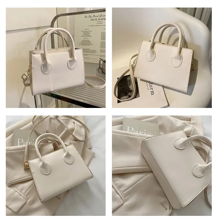 Collection de sacs à main en cuir PU blanc minimalistes à anses, exposés sur une table et un tissu.