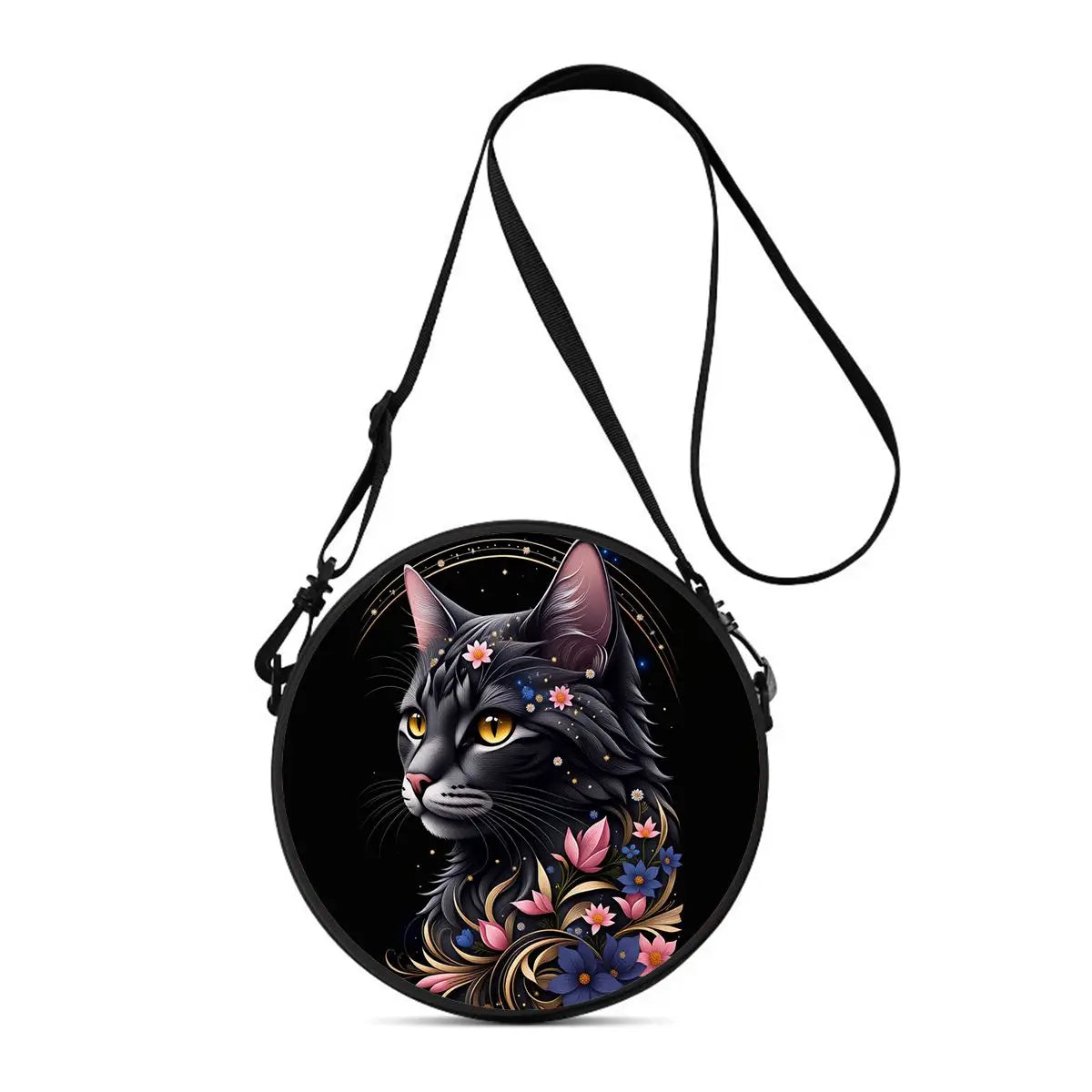 A black cartoon cat round crossbody bag with a black strap and floral accents.