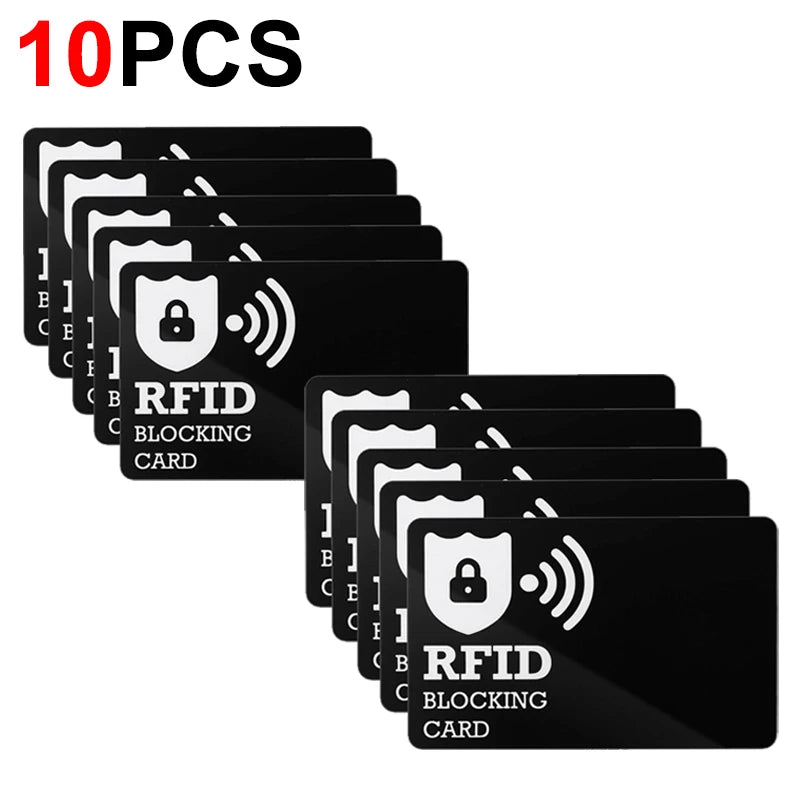 Ten black RFID blocking cards stacked in a row for protection of wallets and cards