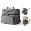 A gray insulated double-layer lunch bag with a detachable strap shown closed and open.