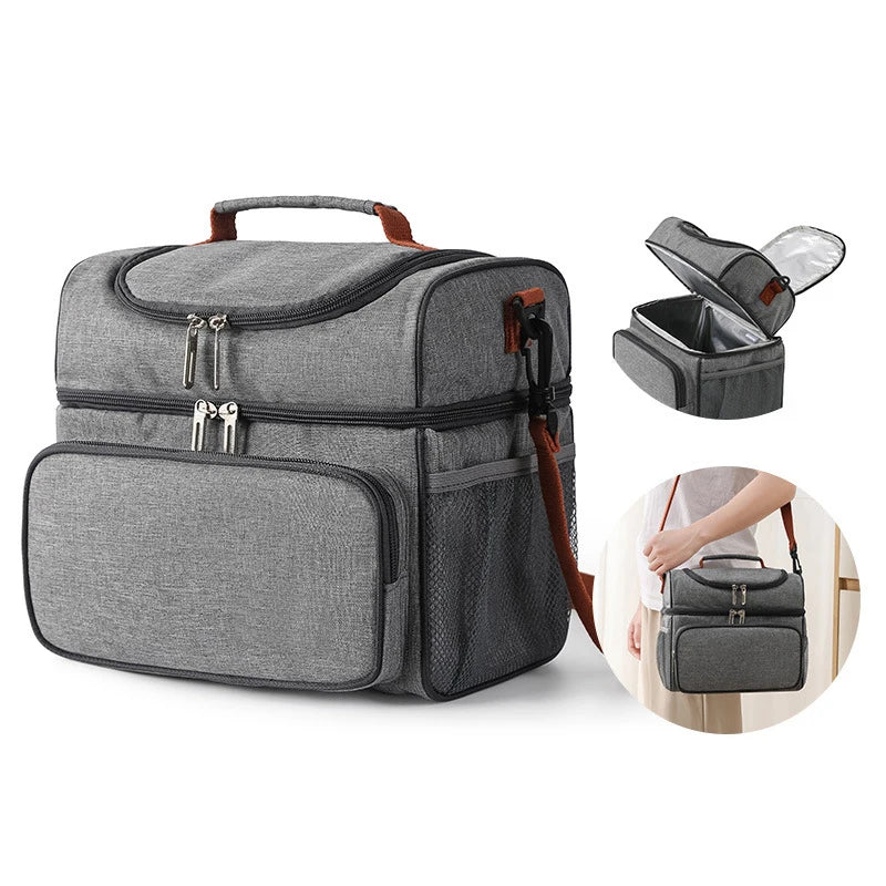 A gray insulated double-layer lunch bag with a detachable strap shown closed and open.